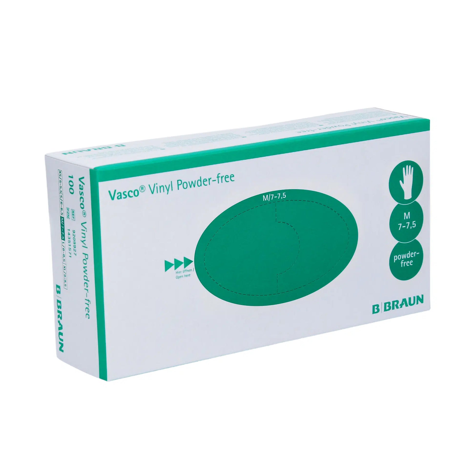 Eine Schachtel B. Braun Vasco® Vinyl Puderfreie Einmalhandschuhe von B. Braun Melsungen AG. Die Schachtel ist überwiegend weiß mit einem großen grünen Oval und einem Text mit detaillierten Produktspezifikationen.