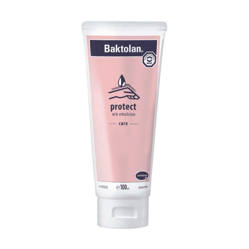 A 100 ml tube discontinued item: BODE Baktolan® protect skin protection cream by Paul Hartmann AG has a pink label with black text, a white cap, a hand graphic, product information, and the BODE skin protection logo.