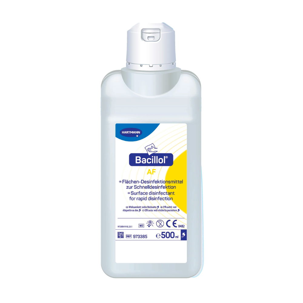 Eine 500 ml Flasche BODE Bacillol® AF Flächendesinfektion der Paul Hartmann AG. Das Etikett ist mit blauen und gelben Grafiken versehen und bietet Informationen in.