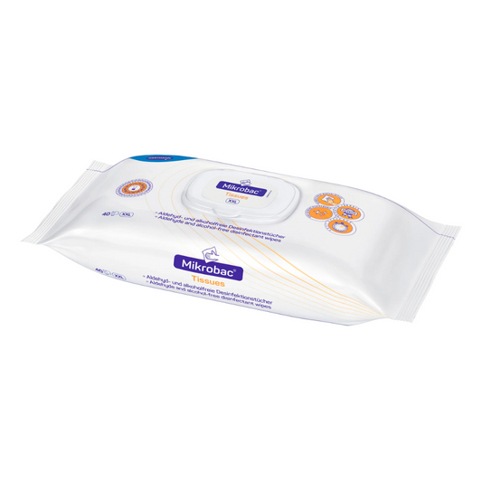 Eine Packung BODE Mikrobac® Tissues Flächendesinfektionstücher mit Klappdeckel. Die weiße Verpackung ist mit blauen und orangefarbenen Designelementen und einem Text versehen, der darauf hinweist, dass das Produkt 40 Tücher von Paul Hartmann AG enthält.