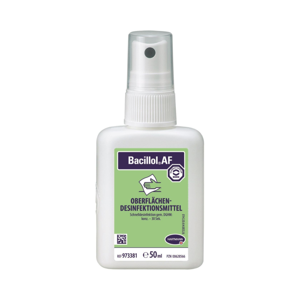 Eine Flasche BODE Bacillol® AF Flächendesinfektionsspray. Es handelt sich um einen 50-ml-Behälter in Weiß mit violetter und grüner Beschriftung, die darauf hinweist, dass es sich um ein Flächendesinfektionsmittel der Paul Hartmann AG handelt.