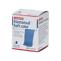 The packaging for the BSN Elastomull® haft color fixation bandage from BSN Medical GmbH features an image of a blue cohesive bandage. It includes information such as size (6 cm x 4 m when stretched) and item number (72207-03), and highlights that it is an elastic fixation bandage.