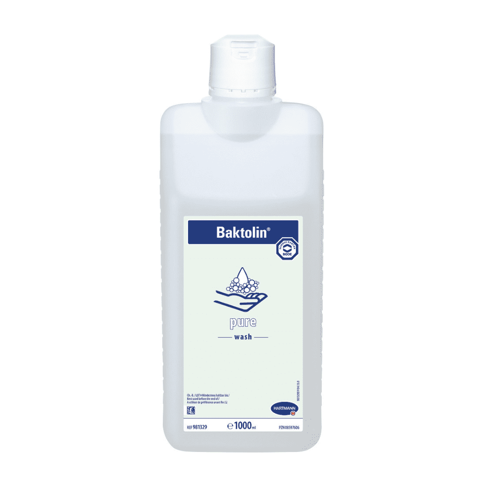 Eine 1000-ml-Flasche Hartmann Baktolin® pure Waschlotion mit weiß-blauem Etikett, einem Logo mit zwei Händen unter Wassertropfen und formuliert mit hautmilden Tensiden.