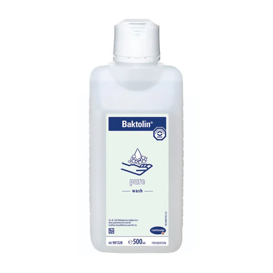Eine weiße Flasche Hartmann Baktolin® pure Waschlotion mit blauem Etikett mit Produktinformationen. Auf dem Etikett sind Wassertropfen und ein Handwaschbecken abgebildet, was darauf hinweist, dass es sich um eine Handseife handelt. Die Flasche enthält 500 ml.