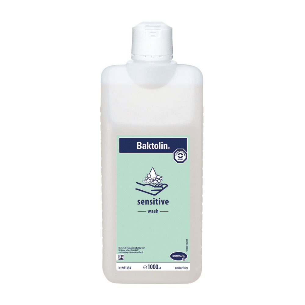 Eine 1000 ml Flasche Hartmann Baktolin® sensitive Waschlotion, versehen mit einem Etikett in blau-weißer Farbgebung und einer Grafik, die auf die Anwendbarkeit für empfindliche Haut hinweist.