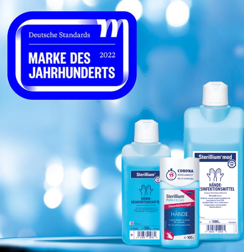 Dieses Bild zeigt vier Arten von Sterillium-Handdesinfektionsprodukten in klaren, blau getönten Flaschen und Verpackungen. Der Text „Deutsche Standards MARKEN DES JAHRHUNDERTS 2022“ wird in einem blauen rechteckigen Schild in der oberen linken Ecke angezeigt.