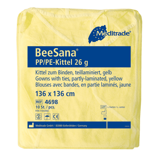 Gelbe, teilweise laminierte Einwegverpackung Meditrade BeeSana® PP/PE-Kittel 26g beschriftet mit Produktdetails in deutscher Sprache und Symbolen für Recyclingfähigkeit und Verpackungsinhalt der Meditrade GmbH.