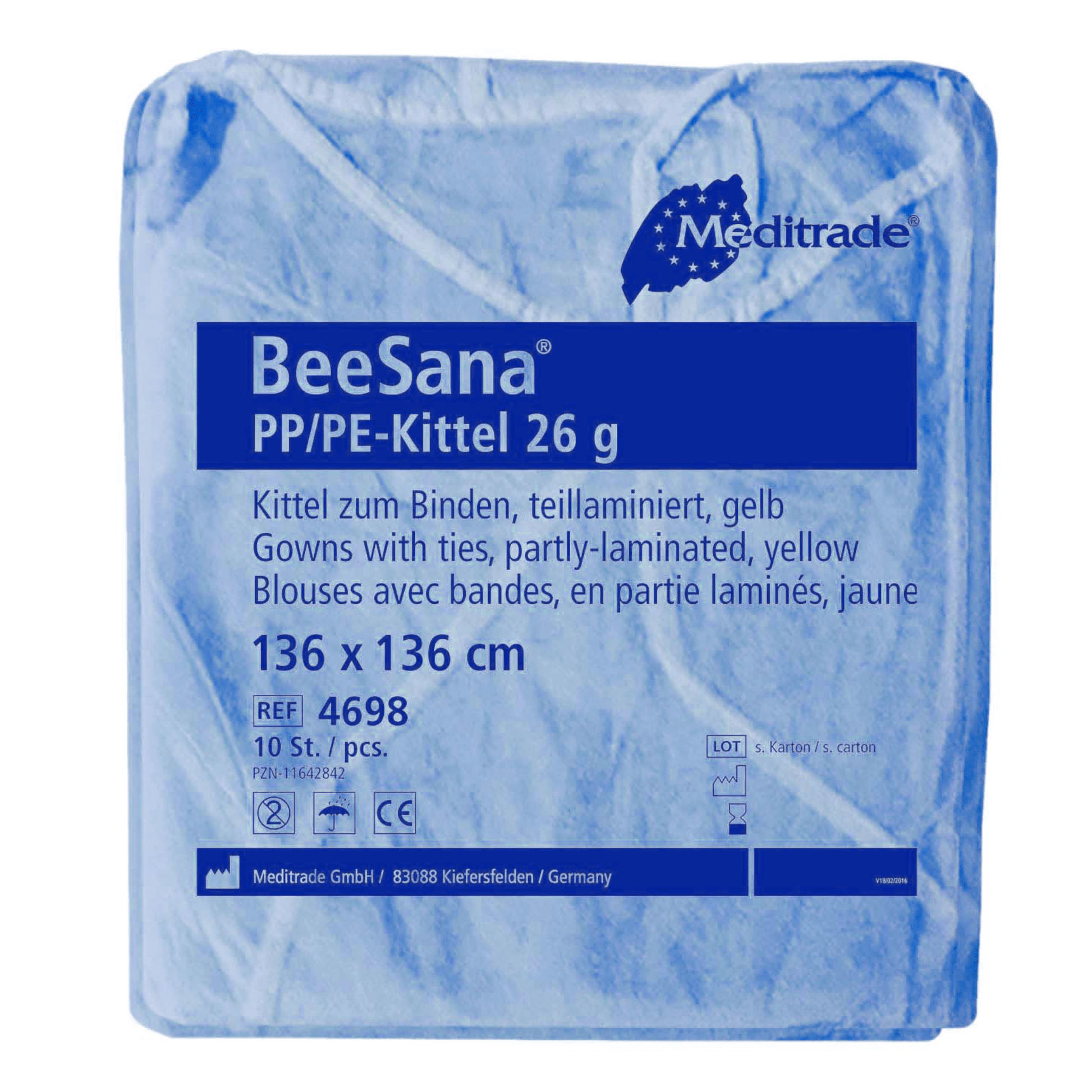 Ein blau verpackter Meditrade BeeSana® PP/PE-Kittel 26g, 10er-Packung, beschriftet mit Text, der Produktdetails wie Material, Farbe, Größe und Verpackungsmenge angibt. Dieser Kittel ist als Schutz konzipiert.