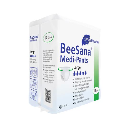 Verpackung von BeeSana® Medi-Pants, Inkontinenzpants groß, zeigt eine weiß-blaue Schachtel mit 14 Inkontinenzslips. Symbole veranschaulichen die Verwendung und der Text hebt Merkmale wie Atmungsaktivität und Komfort mit einer Meditrade GmbH hervor.