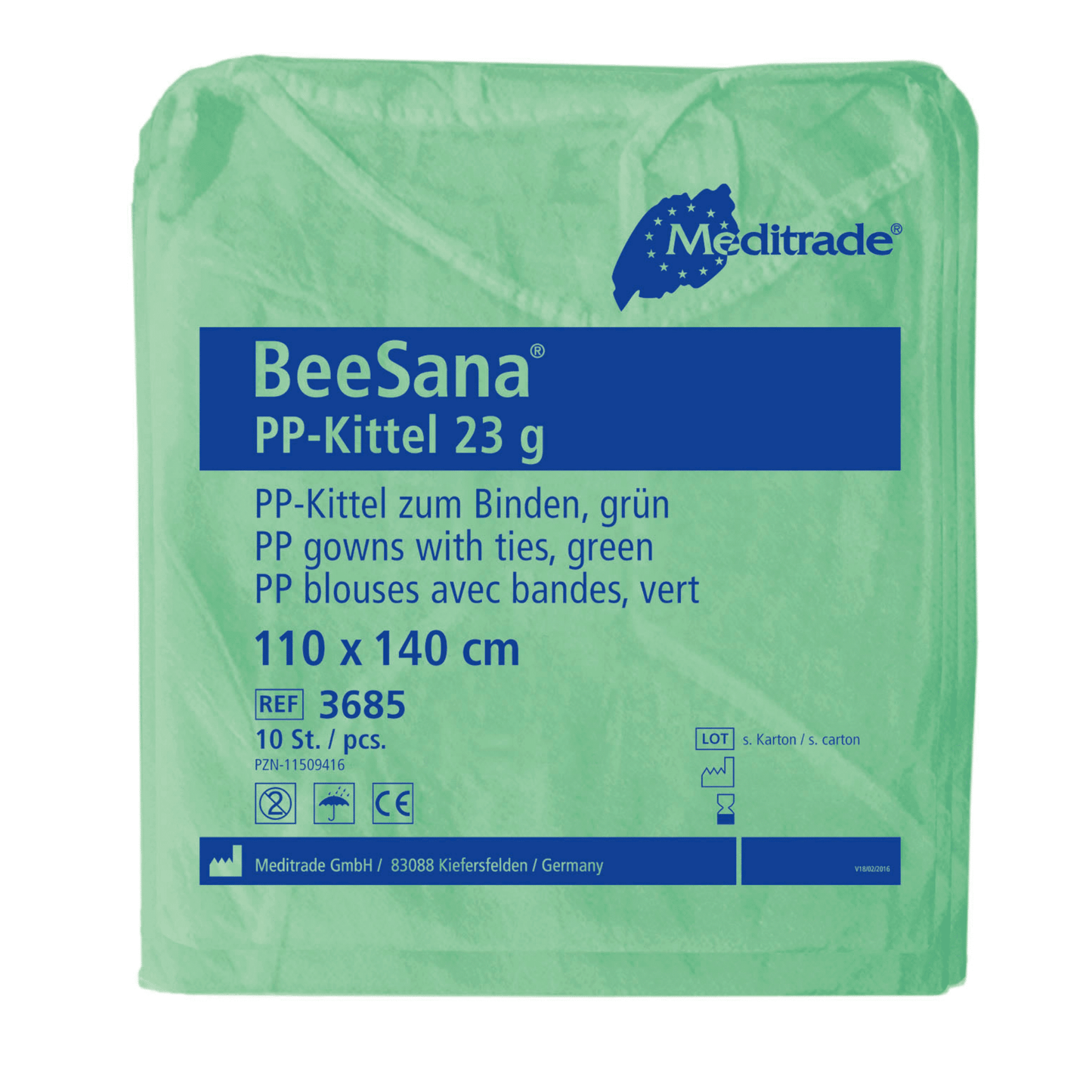A green package of Meditrade BeeSana® PP gown 23g contains a text in German and French, which describes the breathable disposable protective gown with ties in the dimensions 110 x 140 cm. Each box from Meditrade GmbH contains 100 pieces.