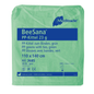 A green package of Meditrade BeeSana® PP gown 23g contains a text in German and French, which describes the breathable disposable protective gown with ties in the dimensions 110 x 140 cm. Each box from Meditrade GmbH contains 100 pieces.