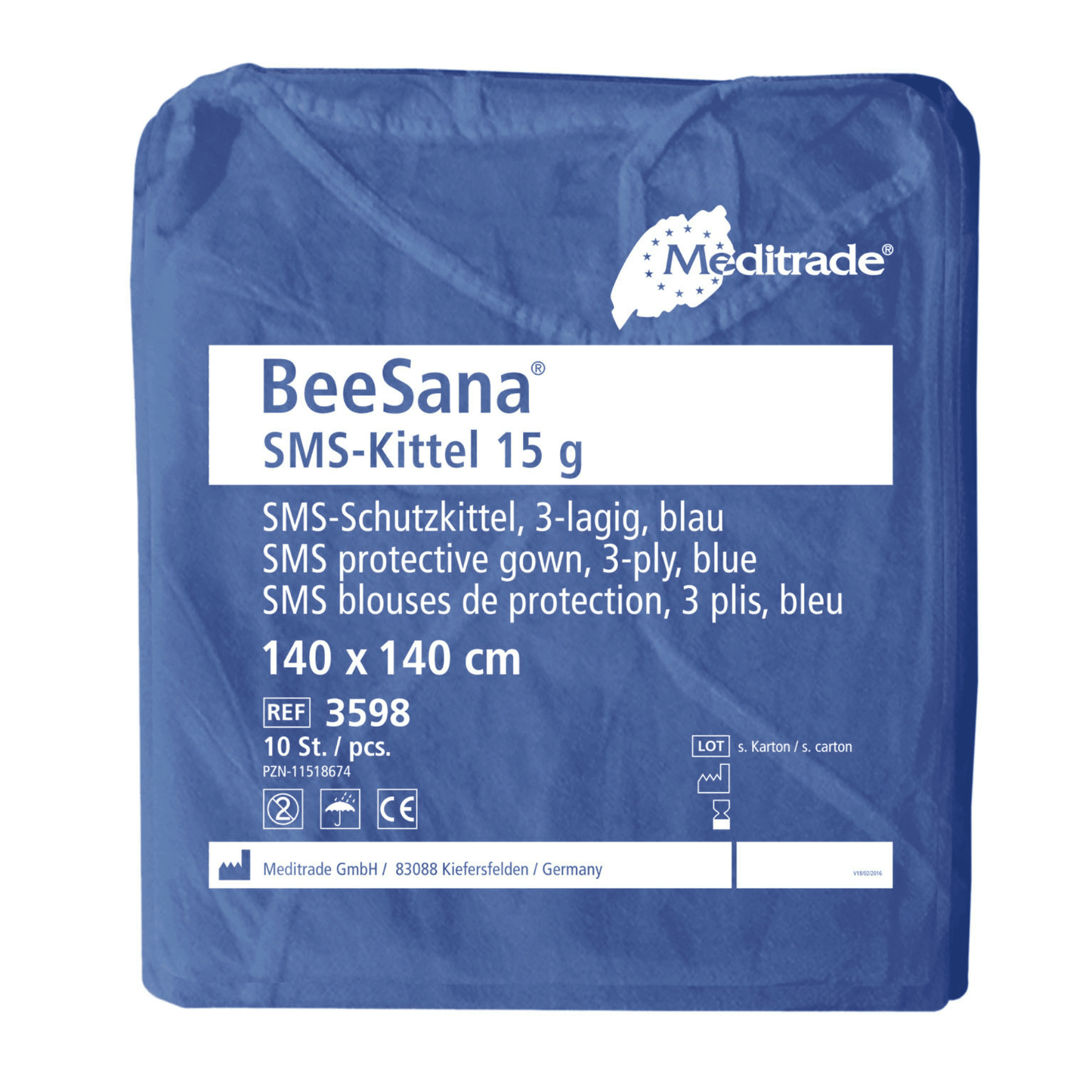 A pack of 100 Meditrade BeeSana® SMS gowns 15g (discontinued item) from Meditrade GmbH, for single use. Product info in German, English & French.