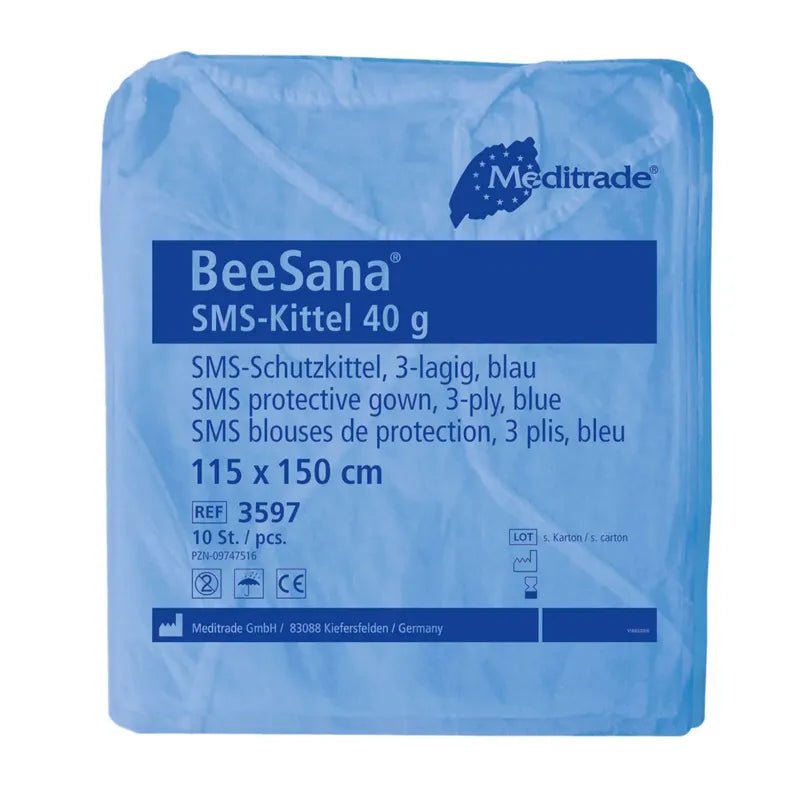 Eine versiegelte Packung Meditrade BeeSana® SMS-Kittel 40g, 3-lagig, der Meditrade GmbH, mit 10 Stück. Die Verpackung enthält Produktdetails und Zertifizierungslogos.