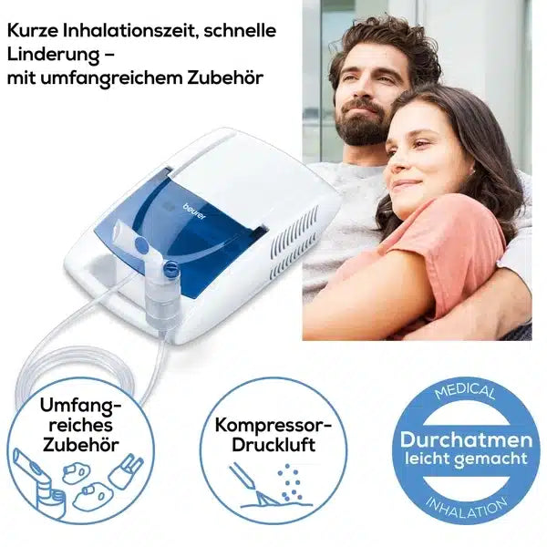 Werbung für den Beurer Inhalator IH 21 der Beurer GmbH. Sie zeigt den Inhalator mit Zubehör und ein entspanntes, umarmendes Paar am Fenster. Enthält Symbole, die die Funktionen des Geräts hervorheben.