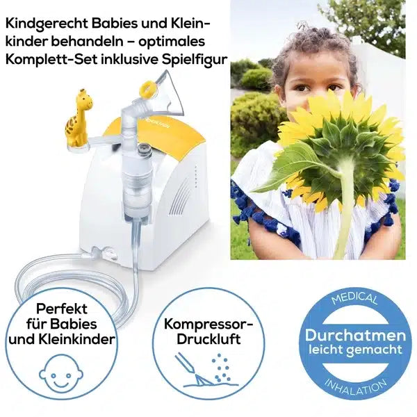 Eine Collage zeigt ein Kind, das eine Sonnenblume vor sein Gesicht hält, einen Beurer Inhalator IH 26 für Kinder und Symbole, die Funktionen hervorheben, die für Babys und Kleinkinder geeignet sind. Der Text ist auf Deutsch und betont die Leichtigkeit des Atmens.