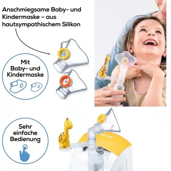 Das Bild zeigt einen Kinderinhalator für Asthma der Beurer GmbH mit verschiedenen Aufsätzen, darunter eine Säuglings- und eine Kindermaske, beide aus hautfreundlichem Silikon. Die Anleitung zeigt die einfache und effiziente Anwendung.