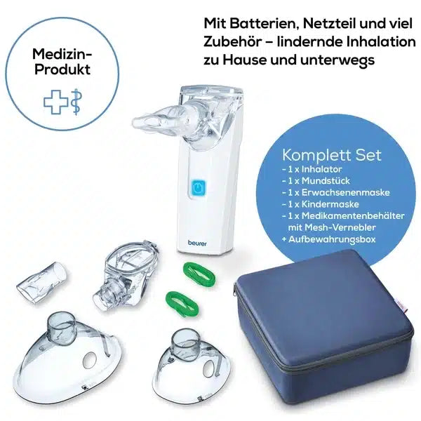 Eine Werbung für einen Beurer Inhalator To Go IH 5 Packung (1 Gerät) der Beurer GmbH, inklusive Gerät, Masken, Mundstück, Medikamentenbehälter, Batterien, Netzteil und Aufbewahrungsbox mit Selbstreinigung.