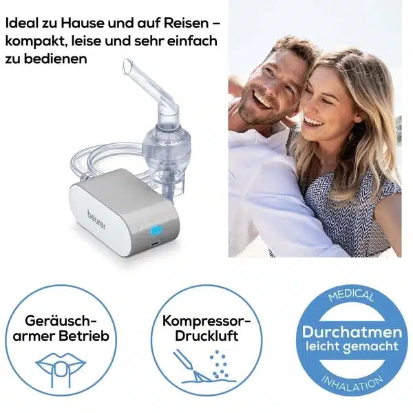 Ein Werbebild mit dem tragbaren Beurer kleiner Inhalator IH 58 der Beurer GmbH. Oben ist ein glückliches Paar zu sehen, und unten sind Symbole zu sehen, die den leisen Betrieb des Geräts hervorheben, Kompressor-Drucklu.