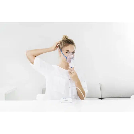 Eine Frau im weißen Hemd benutzt einen Beurer kleiner Inhalator IH 60 der Beurer GmbH mit Gesichtsmaske und Schläuchen und sitzt in einem minimalistisch weißen Raum.