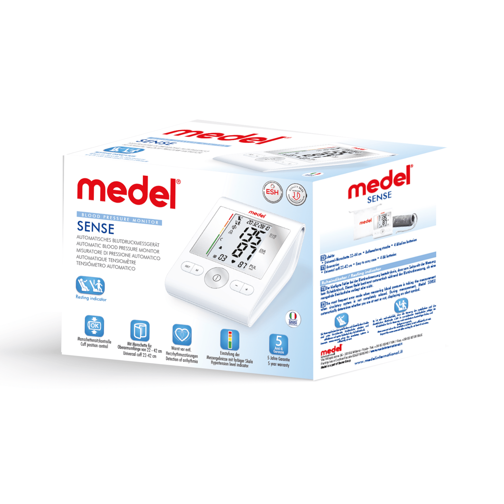 Eine Box mit dem Medel Sense Blutdruckmessgerät von Beurer GmbH mit Informationen zum Produkt und Gesundheitssymbolen an den Seiten, auf einem weißen Hintergrund, mit der Technologie des Oberarm-Blutdruckmessgeräts ausgestattet.