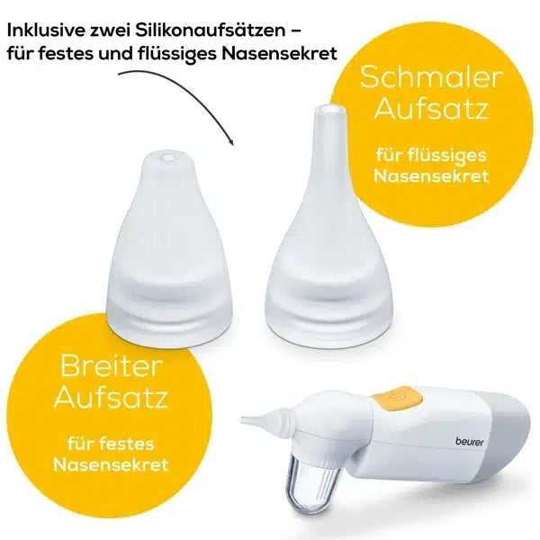 Abbildung eines Beurer Nasensaugers NA 20 für Babys von Beurer GmbH mit zwei Silikonaufsätzen: eine schmale Spitze für flüssige Sekrete und eine breite Spitze für dickere Sekrete. Textbeschreibungen in Deutsch heben die Verwendungsmöglichkeiten hervor.