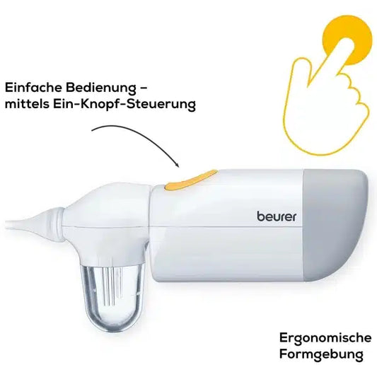 Ein Bild eines Beurer GmbH Nasensaugers NA 20 für Babys mit hervorgehobener einfacher Tastensteuerung und ergonomischem Design. Der Text auf Deutsch erwähnt die einfache Bedienung. Ein Symbol zeigt an, dass zur Bedienung eine Druckaktion erforderlich ist.