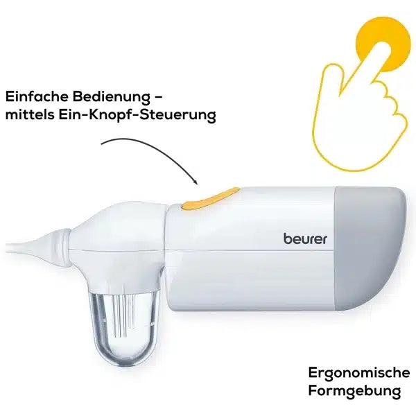 The discontinued item: Beurer Nasal Aspirator NA 20 for babies from Beurer GmbH has a white-gray design, a transparent container, a yellow push button, a German text for gentle nasal cleaning, and an ergonomic one-button operation with an illustration of the pressed button.