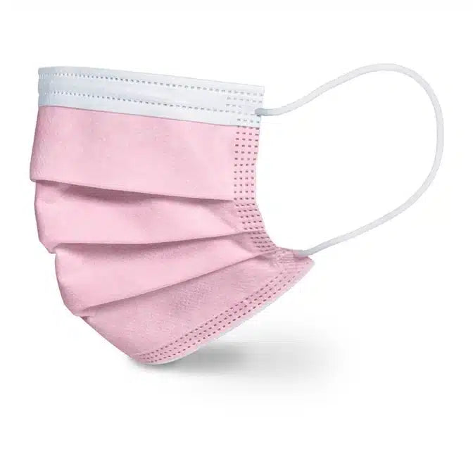 Eine rosa Einweg-OP-Maske von Beurer in rosa MM 15 – 20 Stück | Packung (20 Stück) mit Ohrschlaufen und weißer Obernaht, isoliert auf weißem Hintergrund. Die Maske hat Falten für Ausdehnung und Abdeckung und verfügt über ein 3-lagiges Design von Beurer GmbH.