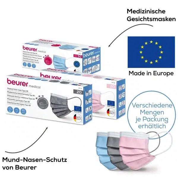 Ausgestellt sind verschiedene Kartons mit Beurer OP-Masken in rosa MM 15 - 20 Stück | Packung, gekennzeichnet als Medizinprodukt, mit dem Hinweis, dass sie in Europa hergestellt werden und in unterschiedlichen Mengen erhältlich sind. Das Bild zeigt auch Muster der rosa und grauen Masken.