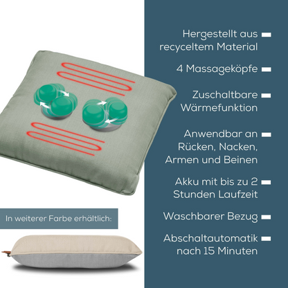 A product image of a gray Beurer battery massage cushion MG 139. German text highlights features: made from recycled material, 4 massage heads, optional heat function, applicable to back, neck, arms, and legs, battery life up to 2 hours, washable cover with 15-minute automatic shut-off. Additional color option available.