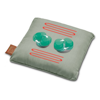 A gray, square Beurer battery massage cushion MG 139 from Beurer GmbH shows an image of four turquoise circular shapes with white arrows indicating rotation. Above and below the circles, there are three sets of parallel red lines. A small brown label with text is attached to one edge.