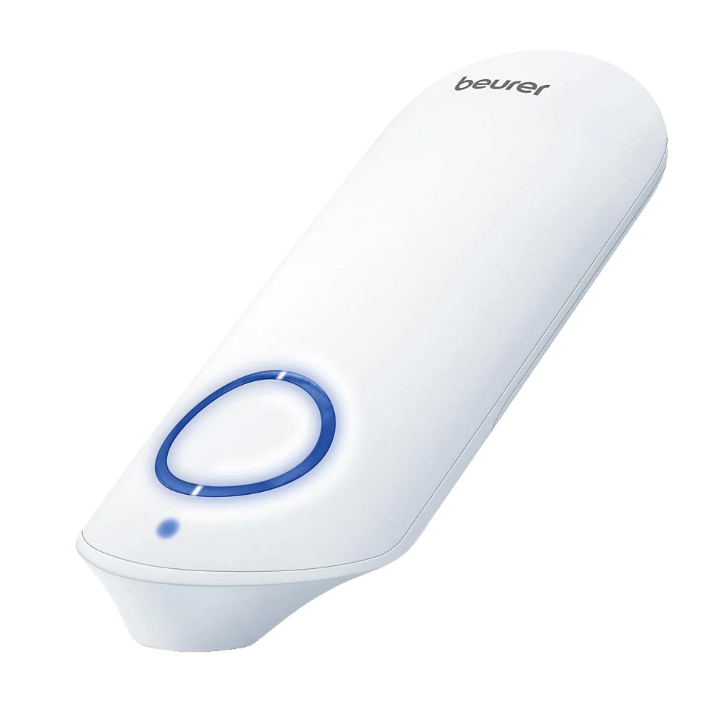 The discontinued item: Beurer insect bite healer BR 60 from Beurer GmbH is a sleek, white handheld device with a blue illuminated circular button, perfect for quick and comfortable treatment of insect bites.