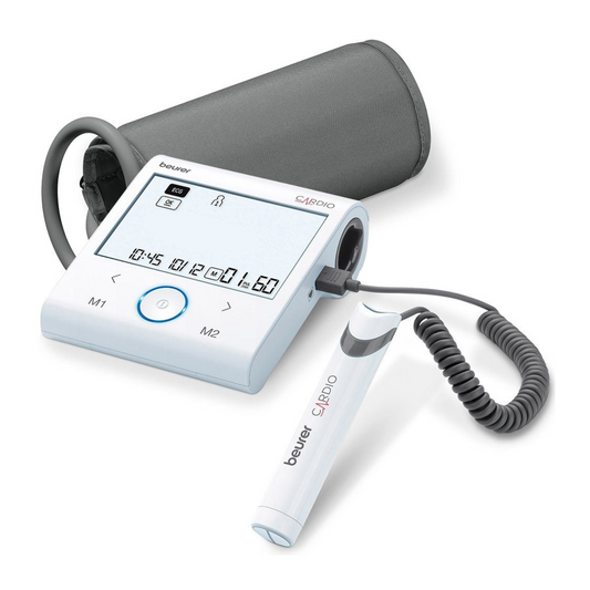 Ein tragbares medizinisches Gerät zur Blutdruckmessung mit Digitalanzeige und angeschlossener Manschette. Das Beurer Blutdruckmessgerät mit EKG-Funktion BM 96 Cardio, erkennbar als Produkt der Beurer GmbH, ist auf einem schlichten weißen Hintergrund zu sehen.