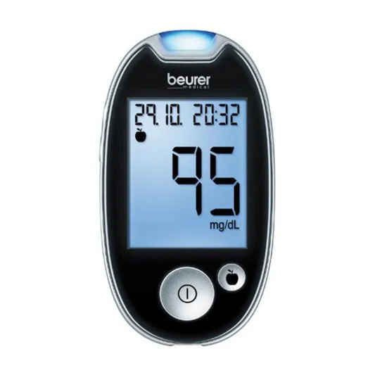 Beurer Blutzuckermessgerät GL 44 mg/dL - schwarz, violett, weiß zeigt einen Glukosewert von 95 mg/dl an, mit Datums- und Uhrzeitanzeige 29.10.20:32. Es hat eine einzige Taste.