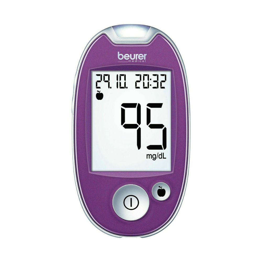 Ein Blutzuckermessgerät GL 44 mg/dL von Beurer GmbH in Schwarz, Lila oder Weiß, das auf seinem digitalen Bildschirm einen Messwert von 95 mg/dL anzeigt, wobei Datum und Uhrzeit über dem Messwert sichtbar sind.