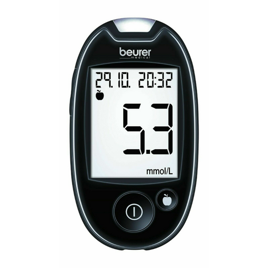 Beurer Blutzuckermessgerät GL 44 mmol/L der Beurer GmbH – schwarz, violett, weiß, zeigt einen Messwert von 5,3 mmol/l auf einem klaren Bildschirm an, mit Anzeige von Uhrzeit und Datum