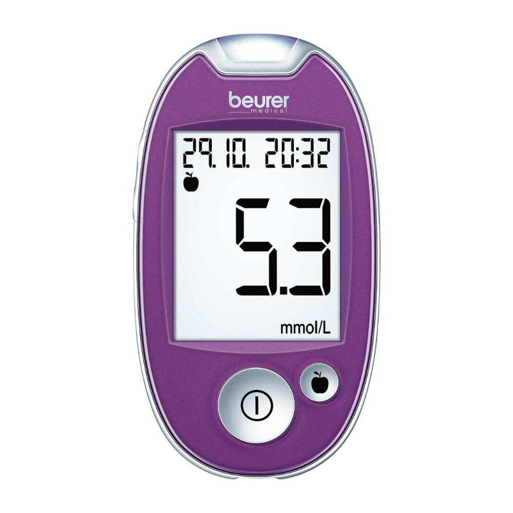 Ein digitales Blutzuckermessgerät der Beurer GmbH, das einen Blutzuckerwert von 5,3 mmol/l anzeigt. Das Gerät ist oval, violett, mit einem grauen Knopf und dem Datum „29.10 20“.