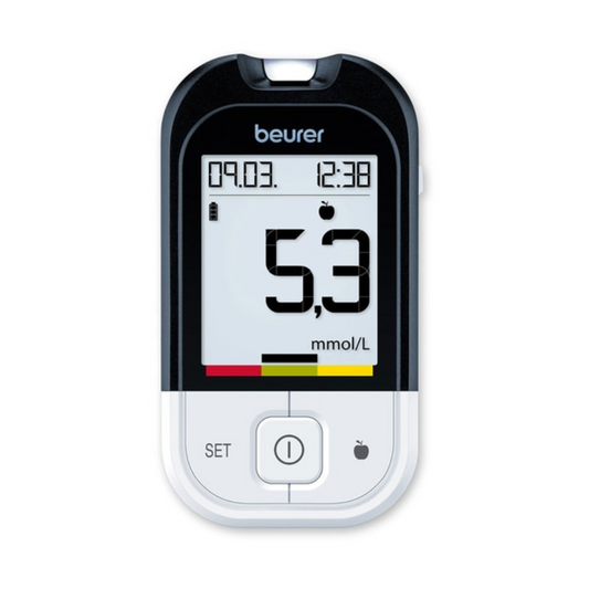Ein Blutzuckermessgerät GL 48 mmol/L von Beurer GmbH zeigt einen Wert von 5,3 mmol/l an. Auf dem LCD-Bildschirm werden außerdem Datum und Uhrzeit angezeigt. Auf dem Gerät gibt es eine „Einstellen“-Option.