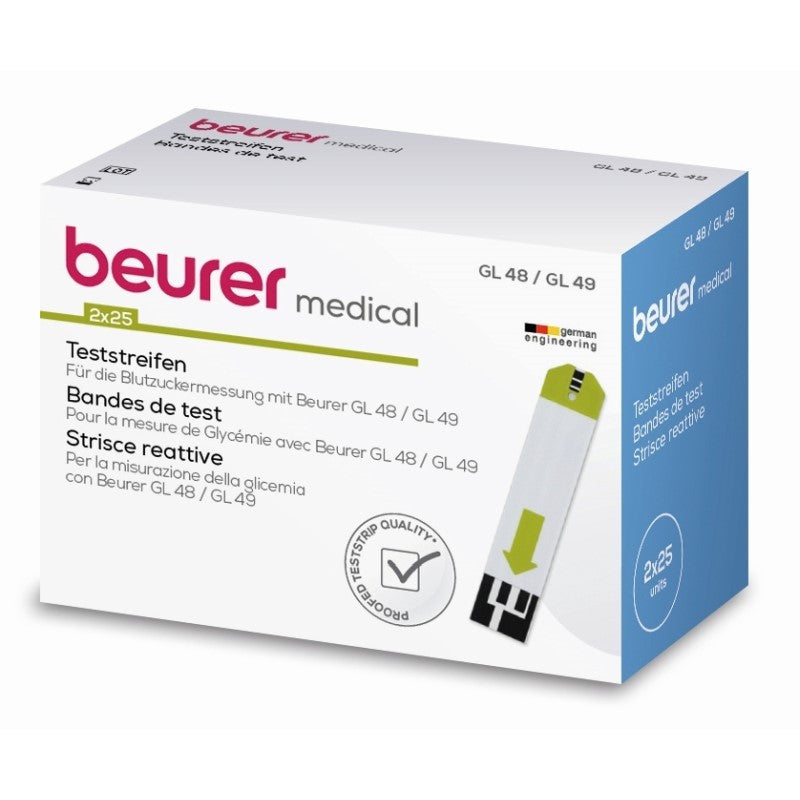 A pack of Beurer test strips for GL 48/49 - 50 pieces from Beurer GmbH. The label states that it contains 2x25 test strips. The packaging predominantly features the Beurer branding, some multilingual information, and the image of a single medical product test strip.