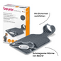 Pictured is a gray Beurer HK 53 back/neck heating pad (1 piece) from Beurer GmbH with an attached control device next to its packaging. Arrows mark the pad and the German text: "Feel safe and comfortable" and "Snug warmth from Beurer."