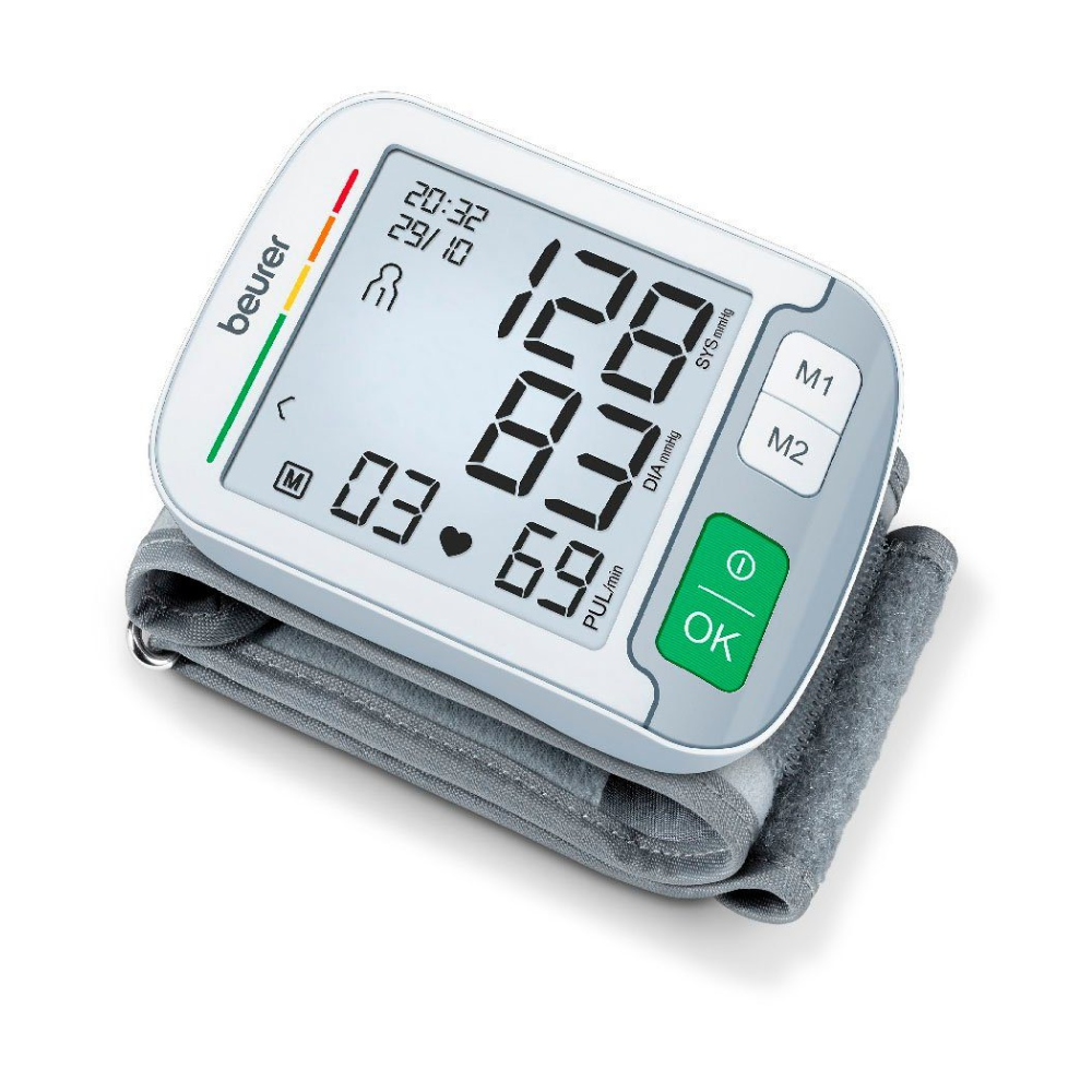 The discontinued item: Beurer wrist blood pressure monitor BC 51 from Beurer GmbH features a cuff, large display, M1/M2/OK buttons, colored indicator bars, and arrhythmia detection for precise blood pressure measurement at the wrist.