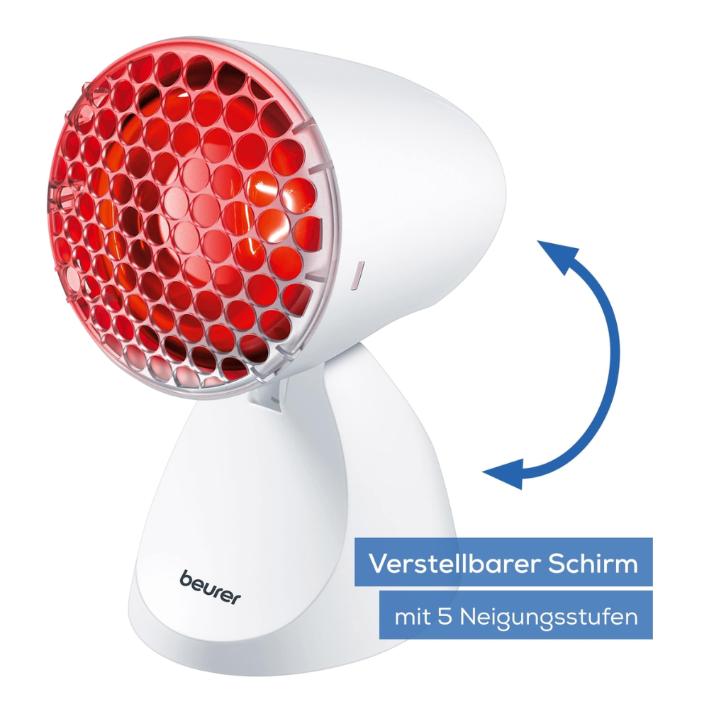 Eine weiße Infrarotlampe IL 11 von Beurer GmbH mit rotem Schutzgitter an der Vorderseite. Der Lampenkopf ist verstellbar und ein blauer Pfeil zeigt die Neigung in fünf verschiedene Positionen an.