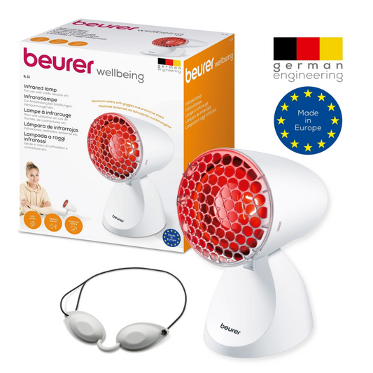Produktbild einer Beurer GmbH Beurer Infrarotlampe IL 11 mit Verpackungskarton, in weiß-rotem Design und einer weißen Schutzbrille. Der Karton hebt die Funktionen der Lampe und die europäische