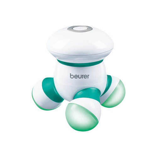 Sentence with updated product and brand name:
A portable mini massager MG 16 from Beurer GmbH in the colors white and green, with a mushroom-shaped design and three rotating heads for massaging.