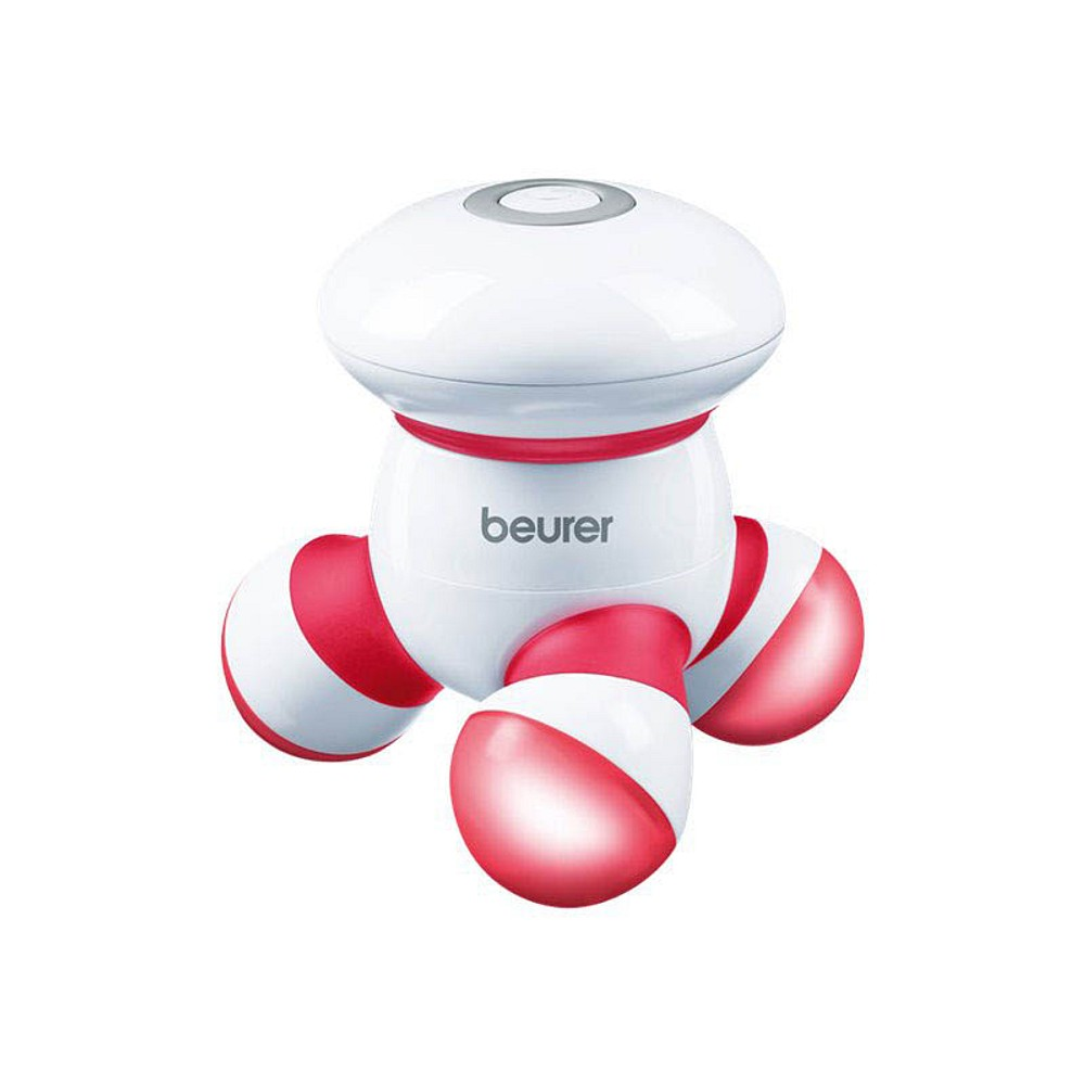 Ein Mini-Massagegerät MG 16 der Beurer GmbH in weiß-rotem Design. Das Gerät hat einen kompakten, abgerundeten Körper mit einem oberen Knopf und vier Gliedmaßen, die jeweils mit einer roten Kugel gekrönt sind.