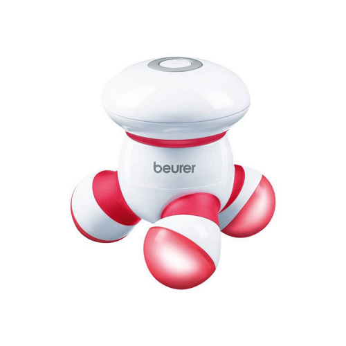 A mini massager MG 16 from Beurer GmbH in a white-red design. The device has a compact, rounded body with a top button and four limbs, each topped with a red ball.