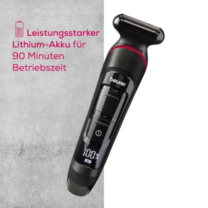 A black Beurer Multigroomer MN9X for trimming and shaving (1 piece, Beurer GmbH) is shown on a light gray background with German text: "Powerful lithium battery for 90 minutes of operation" - the device is waterproof.