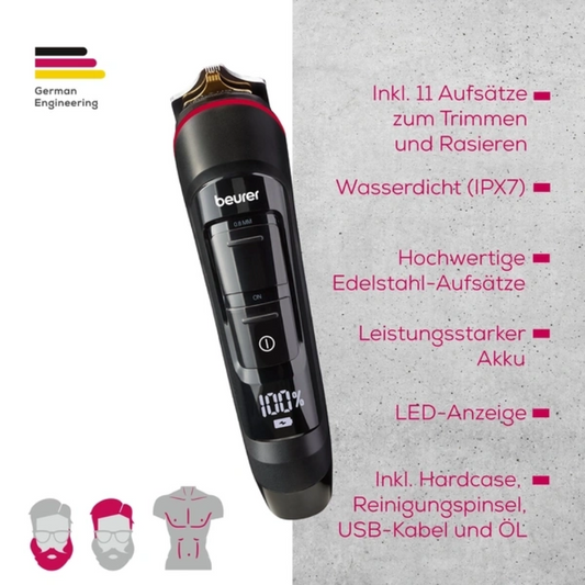 Links ist ein elektrischer Trimmer mit dem Branding „Beurer GmbH“ abgebildet, mit Körperpflege-Anzeigen für Einstellungen und Akkulaufzeit. Rechts sind die Funktionen aufgelistet: 11 Aufsätze, wasserdichtes Design, Edelstahlköpfe, leistungsstarker Akku, LED-Display, Hartschalenetui, Reinigungsbürste, USB-Kabel und Öl. Oben ist das Logo „German Engineering“ zu sehen. Produktname: Beurer Multigroomer MN9X zum Trimmen und Rasieren | Packung (1 Stück).