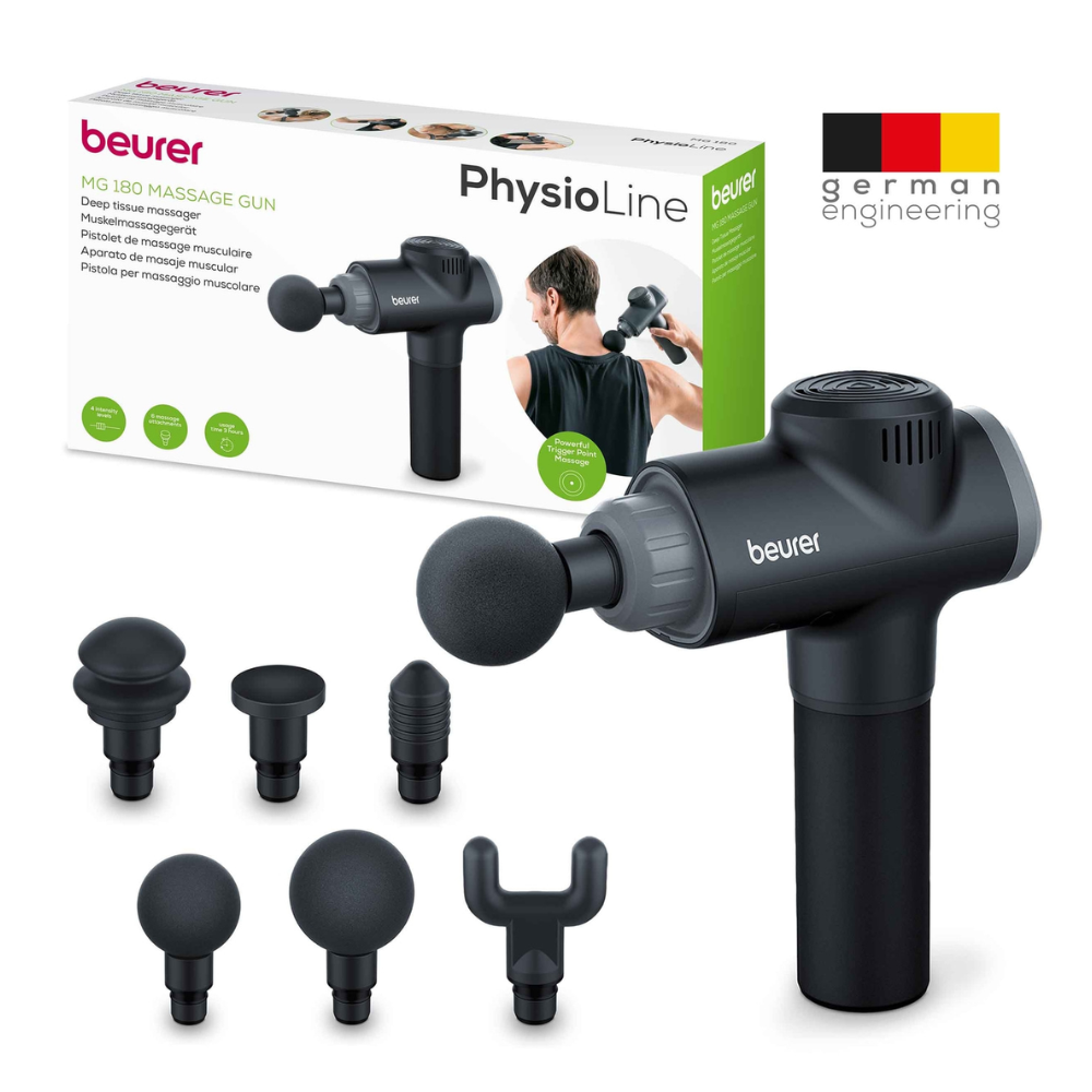 Image of the Beurer muscle massage device MG 180 Massage Gun by Beurer GmbH. The packaging shows the device being used on a person's back, providing targeted muscle massage. The set includes six interchangeable massage heads for different types of massage. The packaging features the print "PhysioLine" and a symbol for "German Engineering".