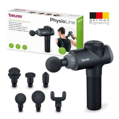 Image of the Beurer muscle massage device MG 180 Massage Gun by Beurer GmbH. The packaging shows the device being used on a person's back, providing targeted muscle massage. The set includes six interchangeable massage heads for different types of massage. The packaging features the print "PhysioLine" and a symbol for "German Engineering".